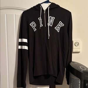 Vintage PINK Black Hoodie with White Lettering & Sleeve Stripes